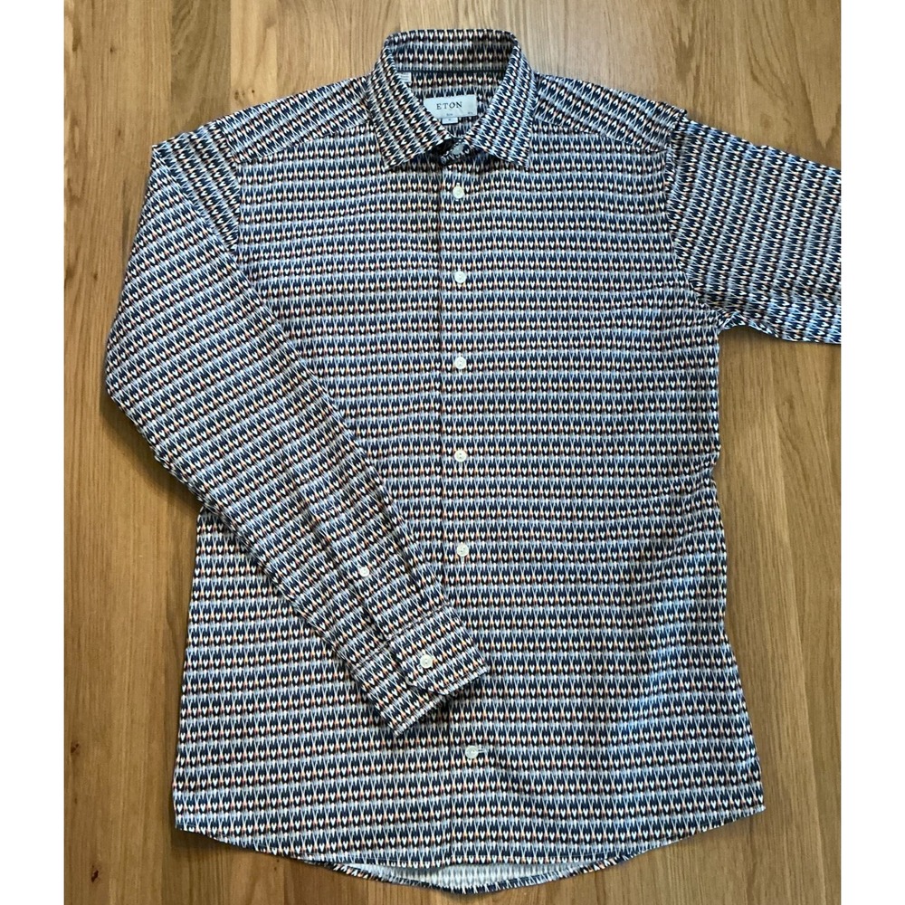 Eton Slim‎ Fit Long Sleeve Dress Shirt sz M Geometric Pattern Navy/White/Orange